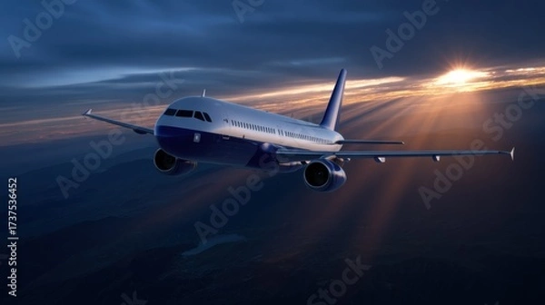 Obraz Majestic Airplane Soaring Through Clear Blue Sky with Fluffy White Clouds Evoking a Sense of Freedom Adventure and Exploration in Flight Travel Scene