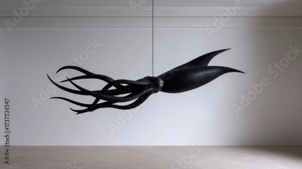 Obraz Intriguing Black Octopus Suspended from Ceiling with Graceful Tentacles Creating a Mysterious Atmosphere in a Contemporary Artistic Space