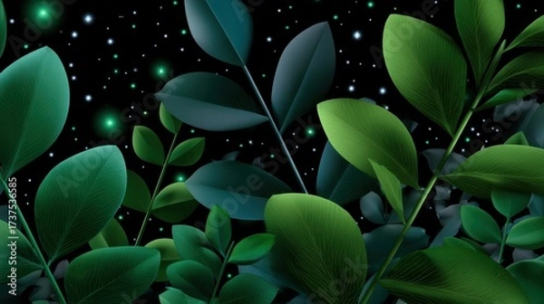 Obraz Vibrant Green Leaves Showcased Against a Deep Black Background Highlighting Nature's Beauty and Contrast Creating a Captivating Visual Experience