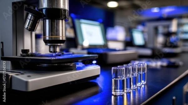 Obraz High Magnification Microscope Illuminated by a Blue Light Showcasing Intricate Details of Specimens in a Scientific Laboratory Setting for Research