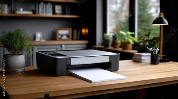 Obraz Bright and Inviting Desk Space Featuring a Modern Printer and Lush Green Plant Creating a Productive and Refreshing Work Environment for Creativity