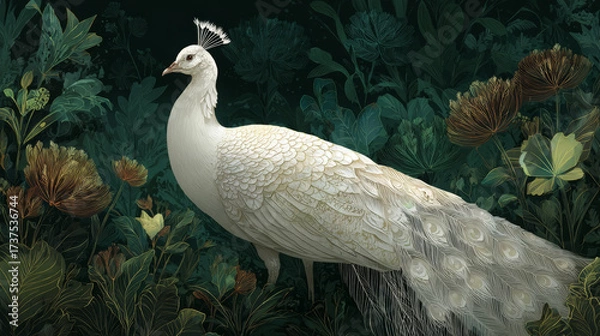 Fototapeta Elegant White Peacock in a Mystical Dark Jungle With Lush Botanical Foliage