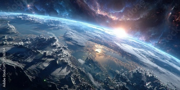 Obraz Breathtaking View of Earth from Outer Space with Vibrant Blue Oceans and Lush Green Landmasses Highlighting the Beauty of Our Planet in Cosmic Perspective