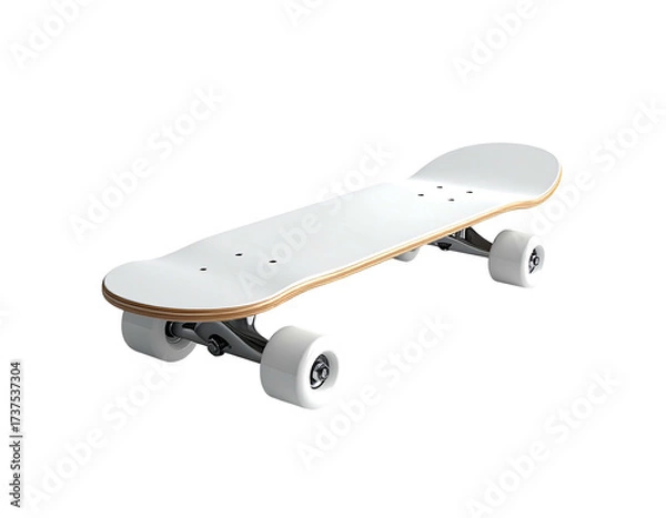 Fototapeta White skateboard on a black background, deck elevated on trucks and wheels
