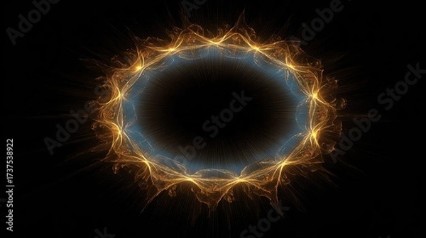 Fototapeta A glowing, circular energy field featuring a dark center, surrounded by intricate gold & blue fiery details on black