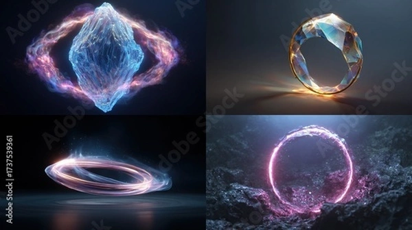 Fototapeta Four fantastical digital art pieces showcasing geometric and ethereal shapes with neon and glowing effects