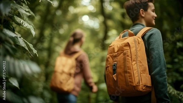 Fototapeta Young explorers journey through verdant forest path, embracing nature serene beauty and thrill of outdoor adventure with backpacks in lush green woods.
