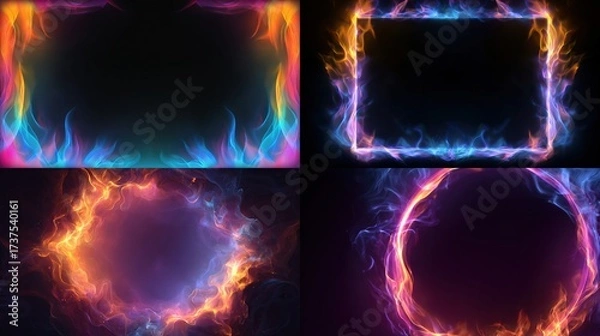 Fototapeta Four images show glowing, fiery frames of different shapes rectangle, square, and circles, on a black backdrop