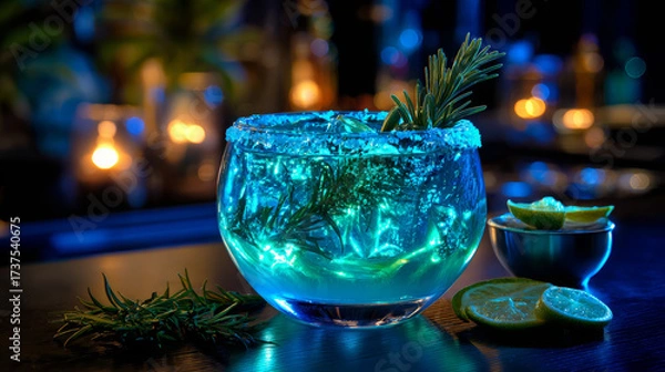 Fototapeta Glowing Blue Rosemary Cocktail With Sugar Rim and Lime Slices on a Dark Bar Counter