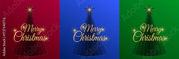 Fototapeta Set of three square Merry Christmas cards with abstract tree design. Gradient backgrounds in blue, green, and red colors. Festive decorative holiday greetings. Shining text, sparkling highlights