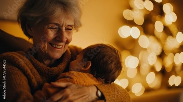 Fototapeta Loving grandmother embraces happy grandchild amidst warm festive lights, capturing precious moment of family connection and intergenerational joy.