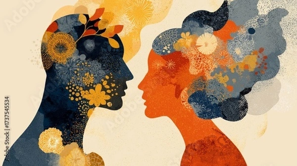 Fototapeta minimal artful poster in health care and supportive concept, man and woman head with floral and flowers  on plain background 