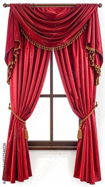Fototapeta Red silk curtains draped over a window