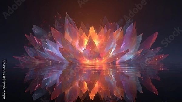 Fototapeta Glowing, crystal-like floral structure, reflecting in tranquil water, surrounded by dark, blurred background