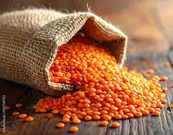 Fototapeta Lentils spilling from burlap sack (1)