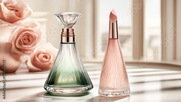 Obraz Two elegantly shaped bottles with floral background