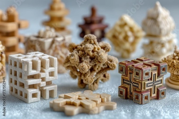 Fototapeta Close Up of Assorted Miniature Wooden Puzzles and Logic Games