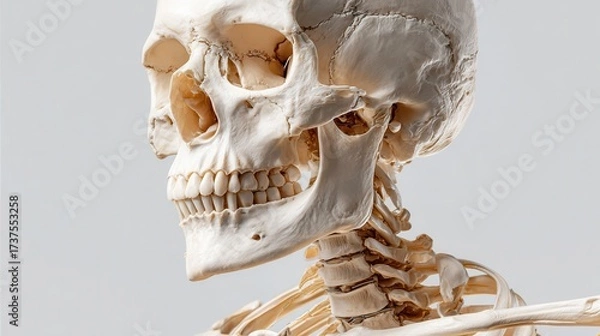 Fototapeta Close up of human skeleton model's skull and neck
