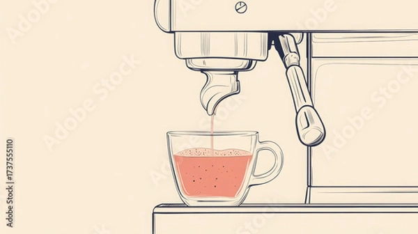 Fototapeta Minimalist Line Art Illustration of Espresso Machine Brewing Fresh Coffee Into a Glass Cup