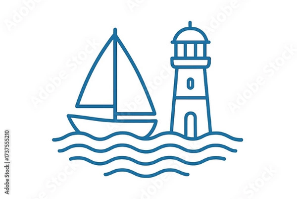 Fototapeta Sailboat and lighthouse on wavy water representing marine navigation and coastal safety