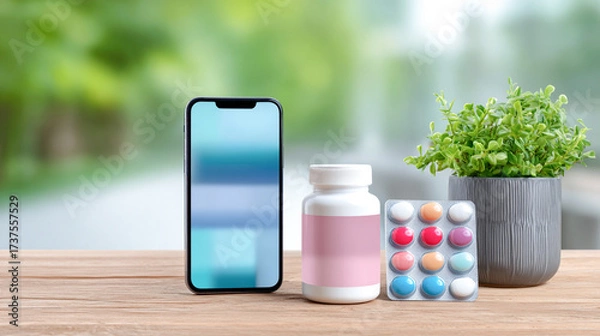 Fototapeta Smartphone mock up with blank screen beside white bottle of vitamins and colorful pill pack on wooden table with green plant in a bright, blurred background, ideal for health and wellness concepts
