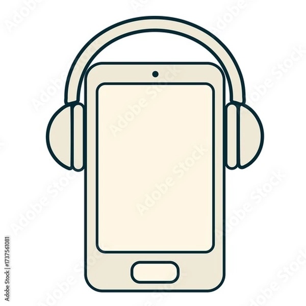 Fototapeta Minimal vector illustration of smartphone with headphones. Flat design symbol for music, podcasts, and digital audio.