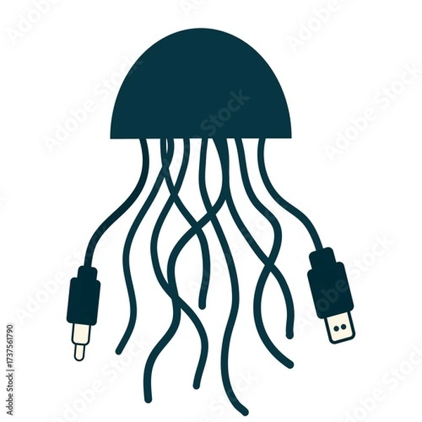 Fototapeta Creative illustration of a jellyfish with cables instead of tentacles. Minimal vector flat design, mix of nature and technology.