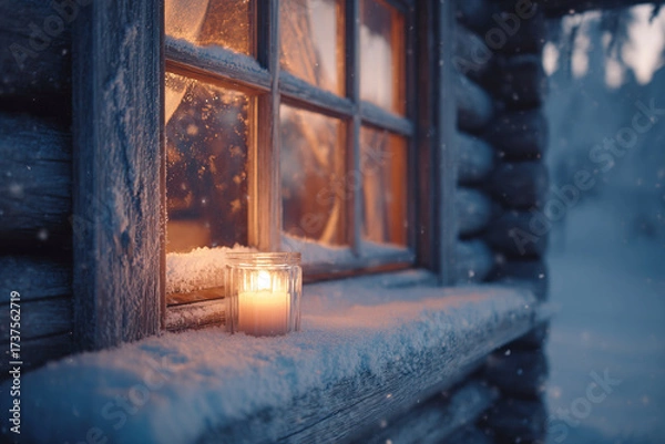 Fototapeta Glowing candle on snowy cabin window ledge in winter evening