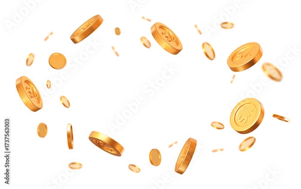 Fototapeta 3d set flying golden Peru Nuevo Sol coins with different angles. Stock vector illustration on isolated background.