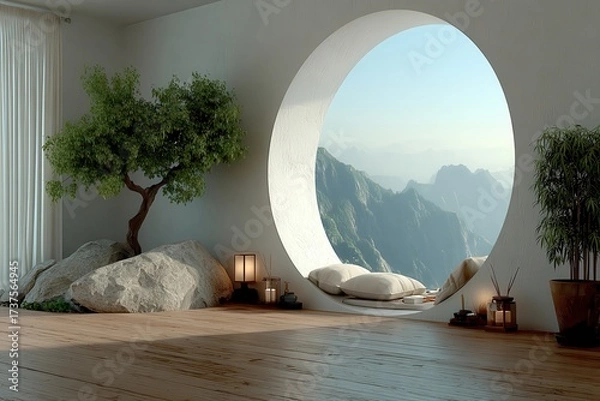 Fototapeta Minimalist interior with circular opening revealing mountain landscape, bonsai tree, rocks, lanterns and warm natural light blending architecture with nature in a tranquil serene retreat