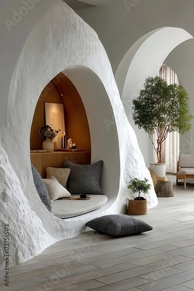Fototapeta Minimalist interior with a sculpted alcove carved into textured white walls, featuring warm wooden interior, soft cushions and indoor greenery creating a cozy and elegant modern retreat