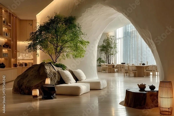 Fototapeta Minimalist interior with sculpted arches, indoor tree on rock base, warm lighting, natural wood, serene atmosphere and harmonious architecture.