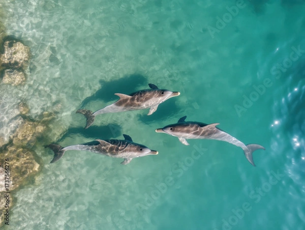 Fototapeta Tranquil marine sanctuary where dolphins swim freely in clear turquoise waters, showcasing their playful nature and grace. serene environment invites relaxation and admiration