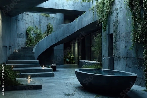 Fototapeta Serene architectural courtyard bathroom with stone bathtub, cascading greenery and minimalist design