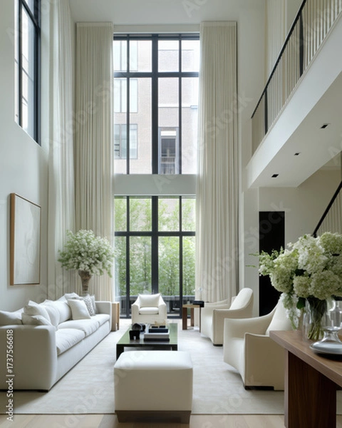 Fototapeta Modern interior design features spacious living room with high ceilings, large windows, and elegant furnishings. light color palette creates serene atmosphere, enhanced by lush greenery outside