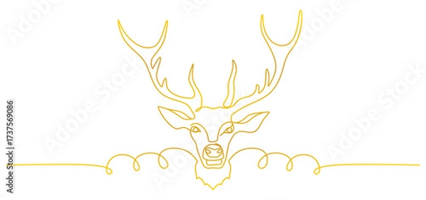 Fototapeta A minimalist one-line drawing of a reindeer head with large antlers, created in a continuous golden yellow line style. The elegant and modern vector illustration represents Christmas, winter holidays