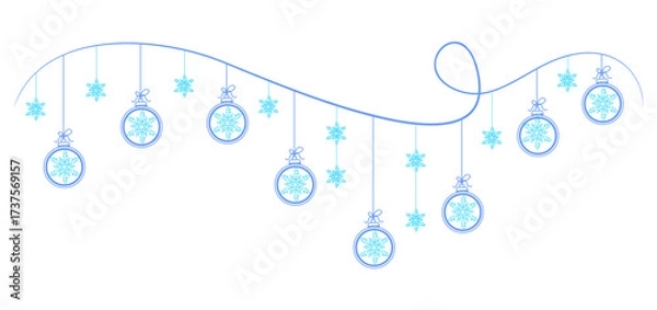 Fototapeta A minimalist blue line art Christmas decoration illustration featuring snowflake ornaments and baubles hanging from a curved string