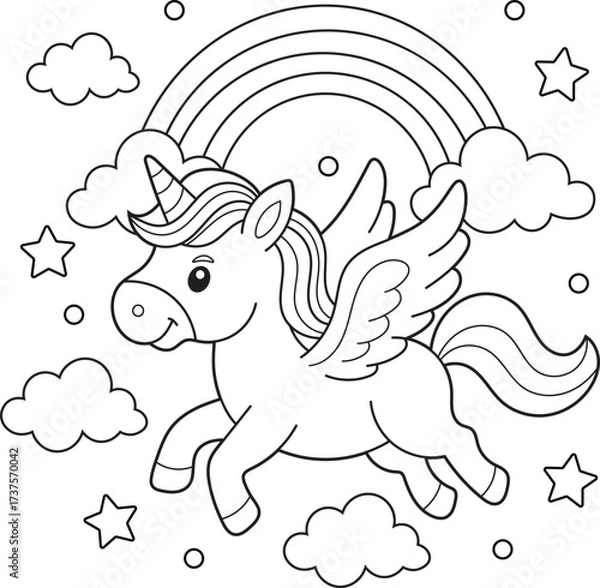 Fototapeta Flying Winged Unicorn with Rainbow and Clouds. Whimsical Black and White Line Art for Kids Coloring Pages