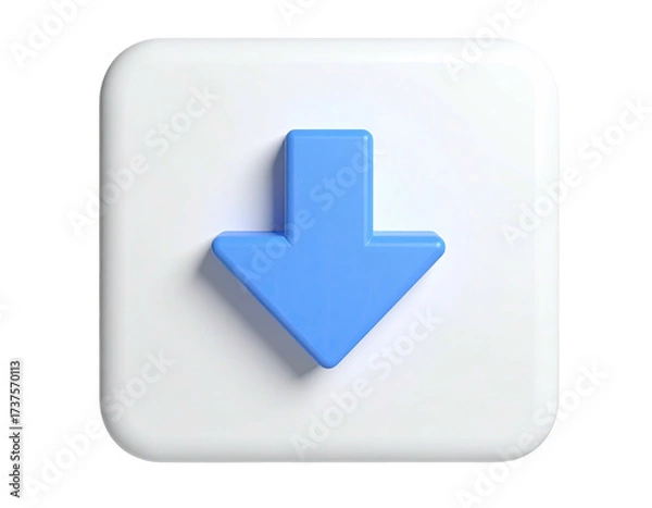 Obraz 3D rendered, blue downwards arrow on a white rounded square, against black