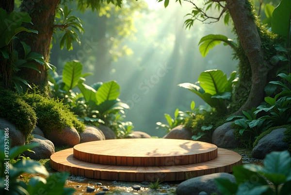 Fototapeta Wooden podium displaying product in sunlit forest setting