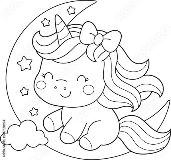 Fototapeta Cute Cartoon Unicorn Coloring Page for Kids with Crescent Moon, Stars, and Cloud. Fun Fantasy Scene for Children to Color and Dream