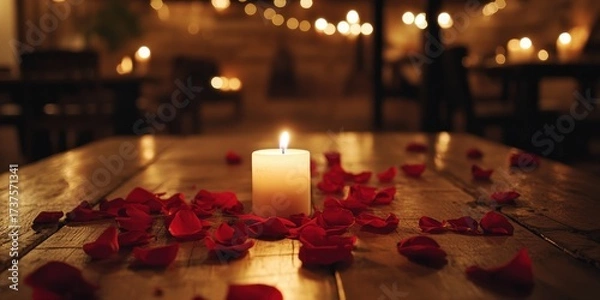 Fototapeta Warm candlelight ambiance with romantic rose petals.