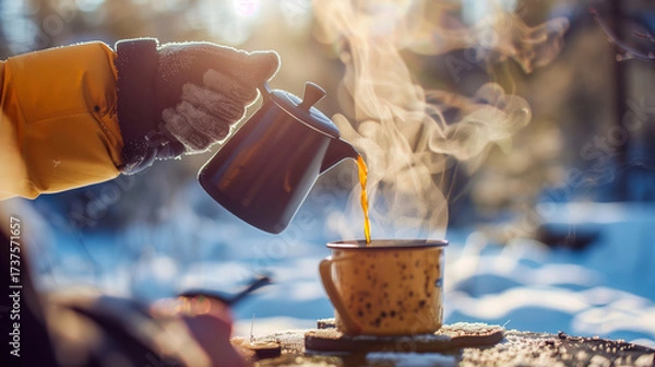 Obraz Hand in a glove pours steaming hot coffee from a camping percolator into a yellow enamel mug outdoors on a snowy, sunny morning. Perfect for a wilderness adventure or travel blog.