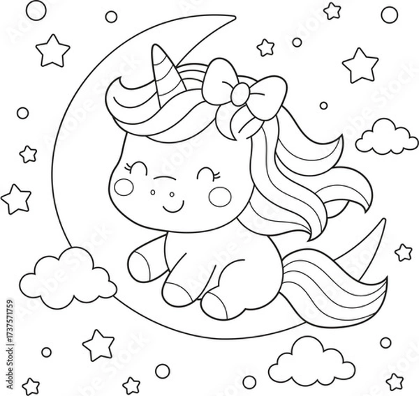 Fototapeta Illustration of a Cute Unicorn Sitting on a Crescent Moon with Stars. Whimsical Black and White Line Art for Kids Coloring Pages