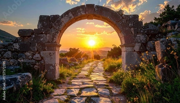 Obraz Stone archway, sunset, and winding path