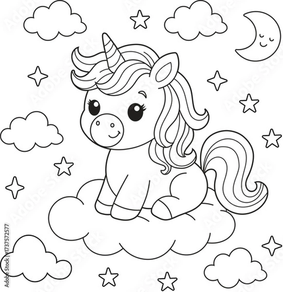 Fototapeta Cute Unicorn Sitting on Cloud with Stars and Moon. Whimsical Line Art for Kids Coloring Pages and Nursery Prints