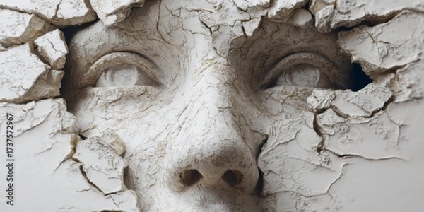 Fototapeta Artistic wall sculpture depicting a human face emerging from cracked plaster with a surreal and abstract aesthetic