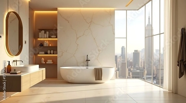 Fototapeta Elegant modern bathroom with freestanding bathtub, marble walls, and large window overlooking city skyline. Minimalist luxury interior design with natural light.