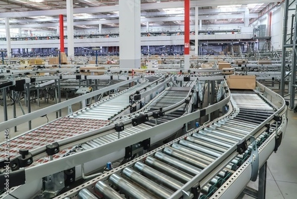 Fototapeta packing line in a logistics warehouse. conveyor belt in a modern production line