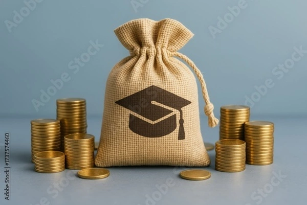 Fototapeta Burlap money bag with graduation cap symbol stands amidst stacks of gold coins, representing essential tuition savings and education funding for a bright academic future